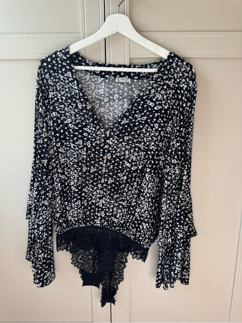 Free People Black and White Floral Button-Front Blouse with Lace Hem